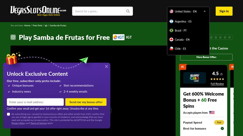 Samba De Frutas — Game interface and provider view
